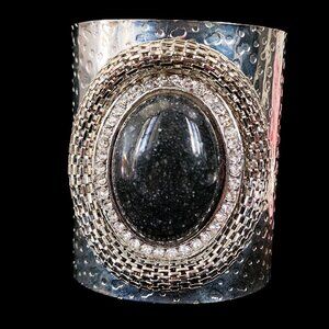 VINTAGE 90s Hammered Silver Tone Statement Cuff | Brass Base | Mesh Detail